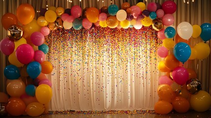 Festive celebration backdrop with balloons and sparkling confetti shower