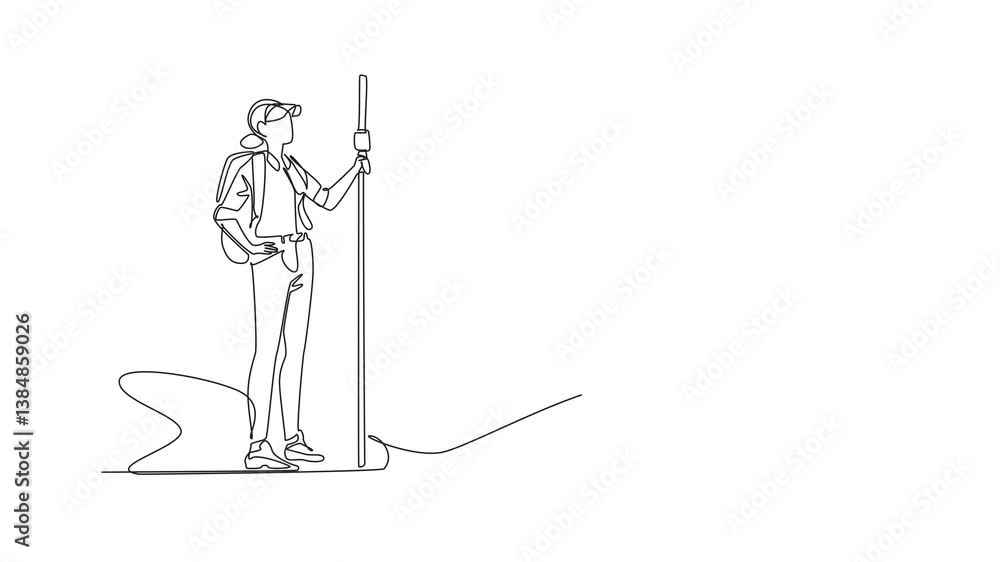 Poster animated self drawing of continuous one line drawing a woman measures land using total station. the 