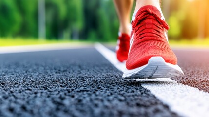 Close Up of Runner's Foot in Red Sports Shoe on Asphalt Track in Bright Green Park