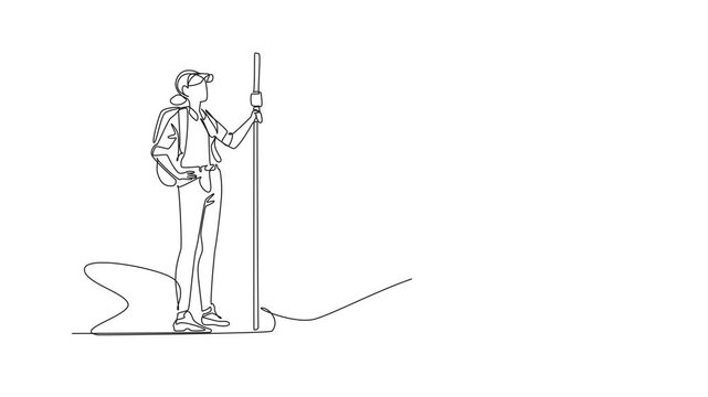 Animated self drawing of continuous one line drawing a woman measures land using total station. The expert who is making mapping. Measure angles automatically. Geologists Day. Full length animation