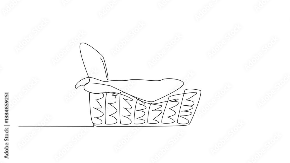Poster animated self drawing of single one line drawing empanadas neatly arranged in rattan wicker with nap