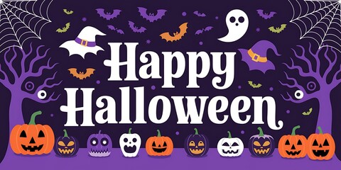 Happy Halloween greeting card with pumpkins, bats, witches hats, ghost, and spooky trees.