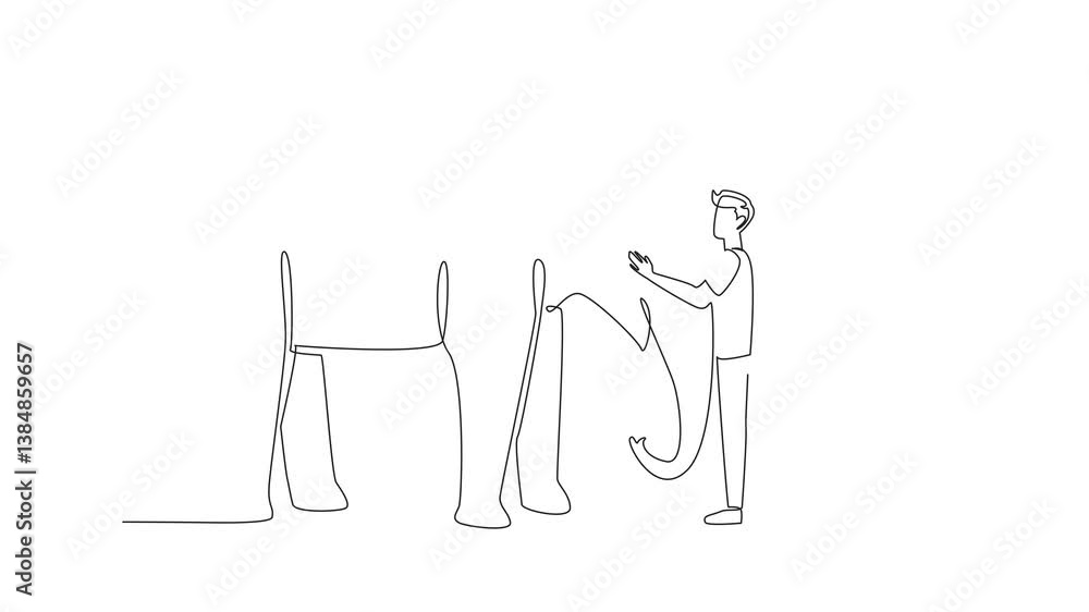 Poster animated self drawing of single continuous line drawing adult man wearing casual trousers standing h