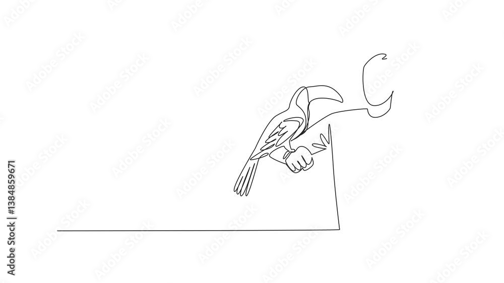 Poster animation of continuous one line drawing adult man with a toucan in his hand. birds with large and c