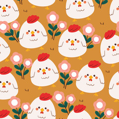 seamless pattern cute cartoon chicken with fower and leaves. cute animal pattern for wallpaper and background