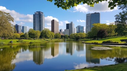 Fototapeta premium Scenic urban oasis featuring a tranquil lake mirroring the cityscape skyline