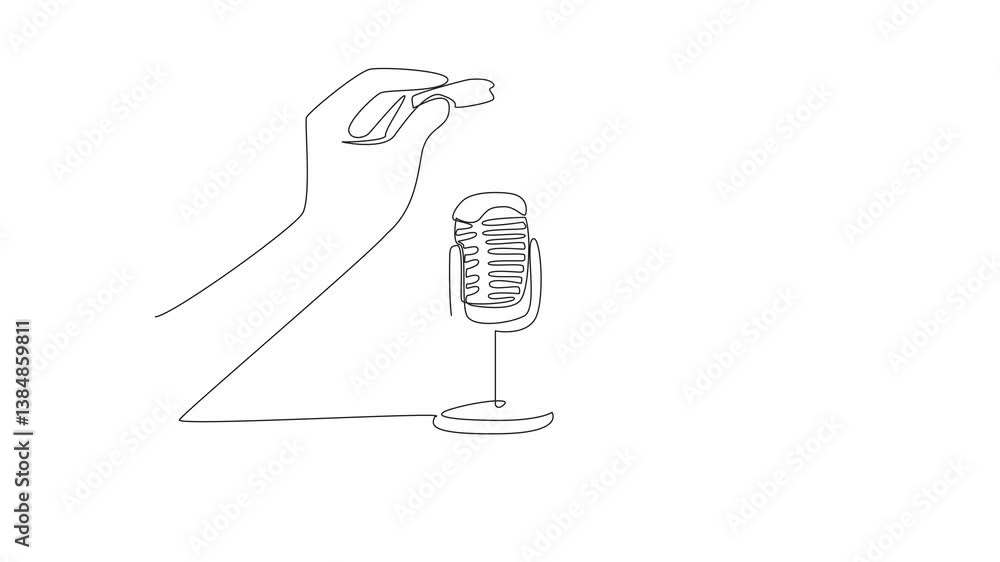 Poster animation of single continuous line drawing hand plucks chocolate and points it towards the mic. cre