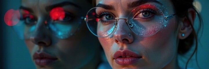 Sleek and modern woman with metallic eye panel integrated into her face, neural network integration, futuristic design, sensory upgrade