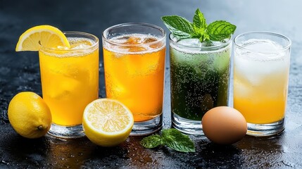 A vibrant collection of bright citrus drinks showcased alongside fresh eggs brings a refreshing touch to any spring or summer gathering, elevating the mood.