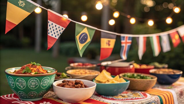 A vibrant global feast under twinkling string lights, celebrating unity and diverse cultures with warm lighting and a blurred outdoor backdrop.