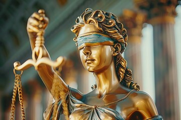 Fototapeta premium Close-Up View of Bronze Lady Statue Holding Scales of Justice: Detailed Symbolism Captured in Photo