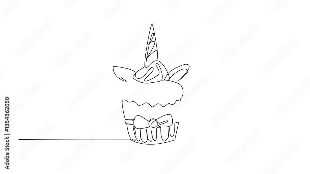 Poster animated self drawing of single continuous line drawing colorful unicorn mane cupcakes. inviting app