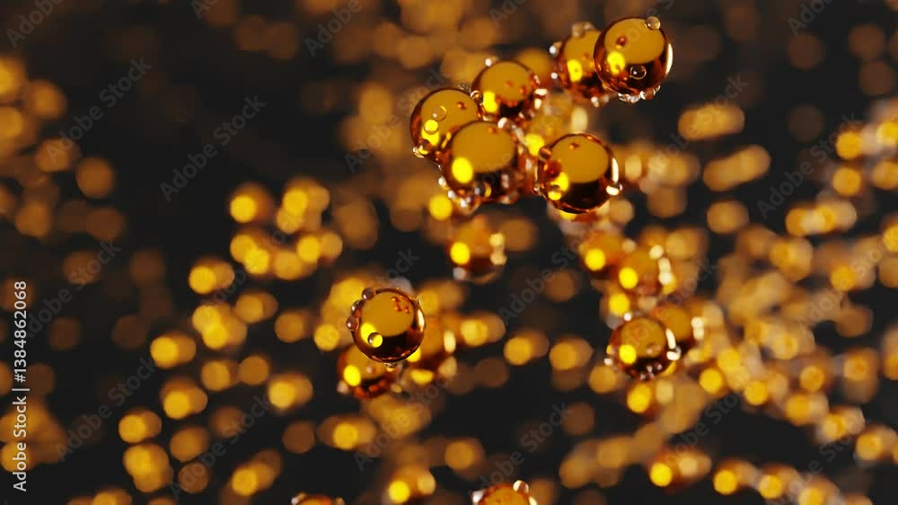 Poster 3d rendering animation background with abstract moving gold round shapes