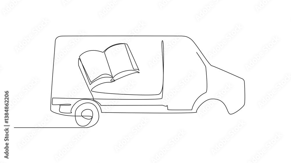 Poster self drawing animation of continuous one line drawing a van with pictures of books on the side of it