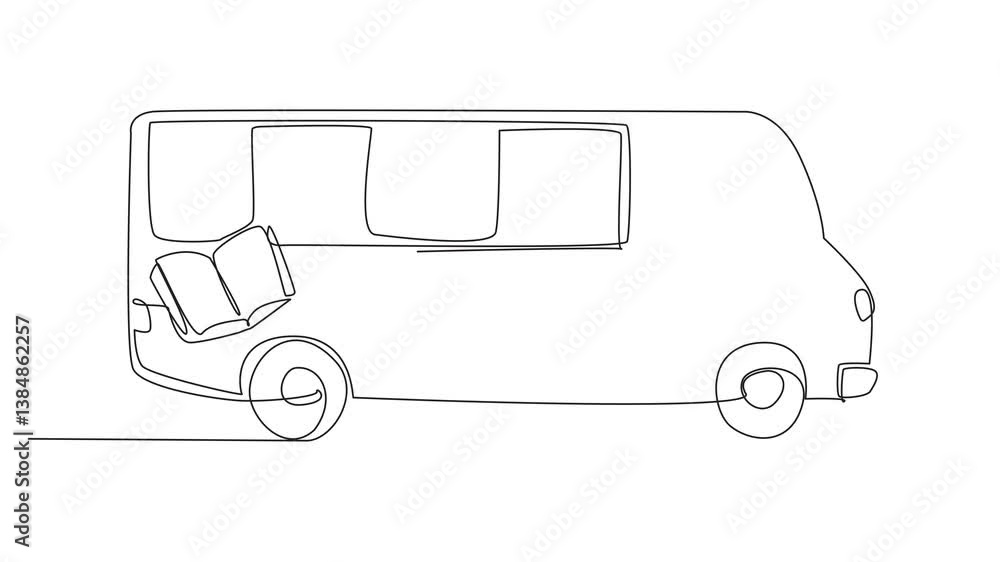 Poster animated self drawing of single one line drawing the back of a bus converted into a mobile library. 