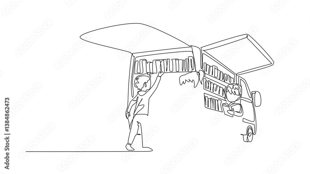 Poster animated self drawing of single continuous line drawing bookmobile event that makes children enthusi
