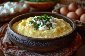 Mămăligă – Creamy Polenta Topped with Sour Cream, Herbs, and Rustic Flavor