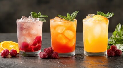 Three refreshing cocktails with ice and colorful fruit garnishes offer a lively and inviting ambiance perfect for summer gatherings, celebrating vibrancy, flavor, and enjoyment.