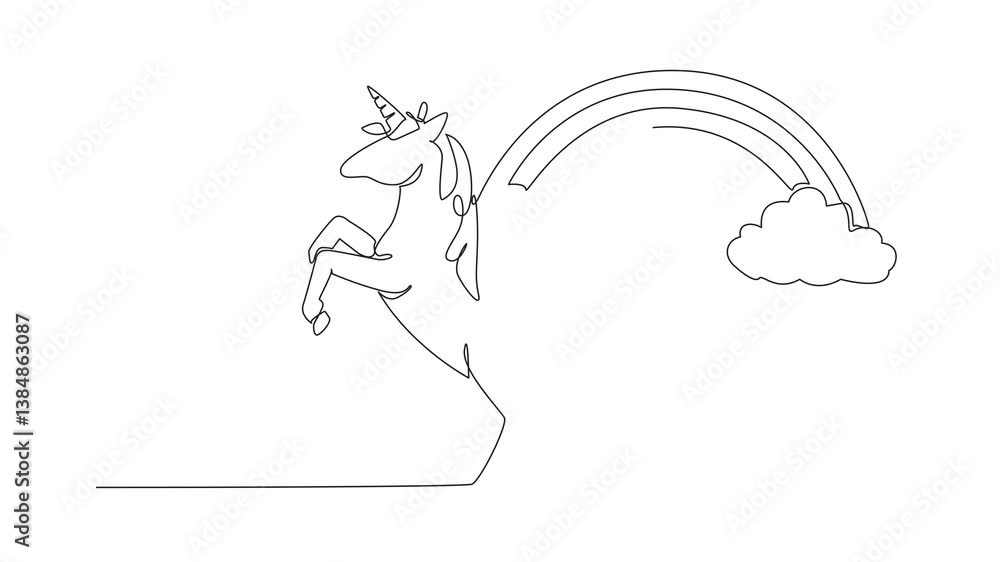 Poster animation of single continuous line drawing unicorn in a jumping position with a background of cloud