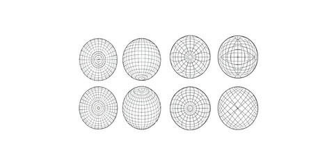 Print   Globe grid spheres. Striped 3D spheres, geometry globe grid, earth latitude and longitude line grid vector symbol set.