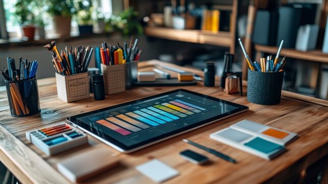 Creative Workspace with Digital Tablet and Art Supplies on Table