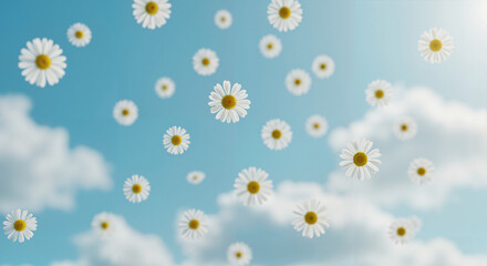 Floating Daisies in a Bright Blue Sky with Fluffy Clouds  