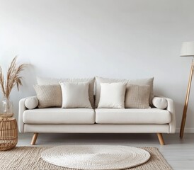 Modern, neutral living room with a beige sofa and round rug