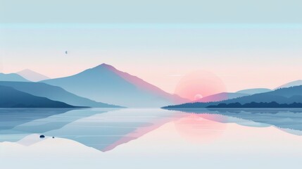Serene Sunset Landscape: Mountains Mirrored in a Tranquil Lake