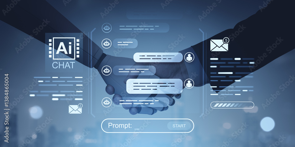 Poster human and robot handshake with chatbot interface overlay on technology background.