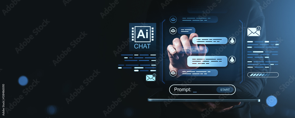 Poster chatbot interface with ai conversation prompts on digital screen in hand..