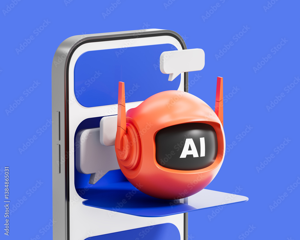 Poster futuristic chatbot interface with orange ai robot emerging from smartphone screen on blue background