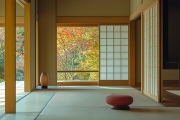 Serene Autumn View from a Traditional Japanese Room. A tranquil interior scene featuring a tatami mat floor, shoji screens, and a stunning autumn foliage backdrop.