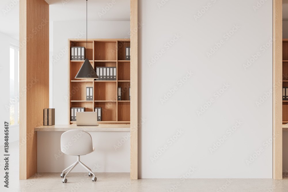 Poster minimalist workspace with laptop and bookshelf next to large blank wall for poster mockup or design 