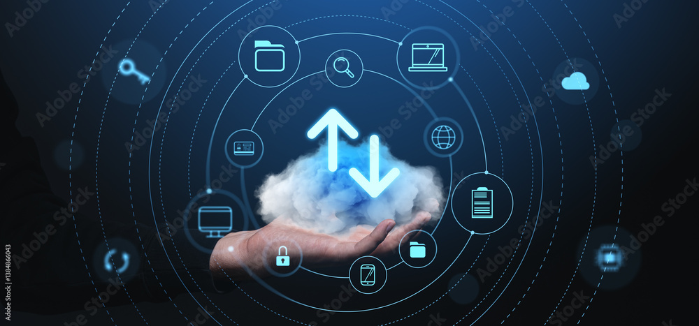 Poster cloud data storage and network access concept with digital icons on dark background.