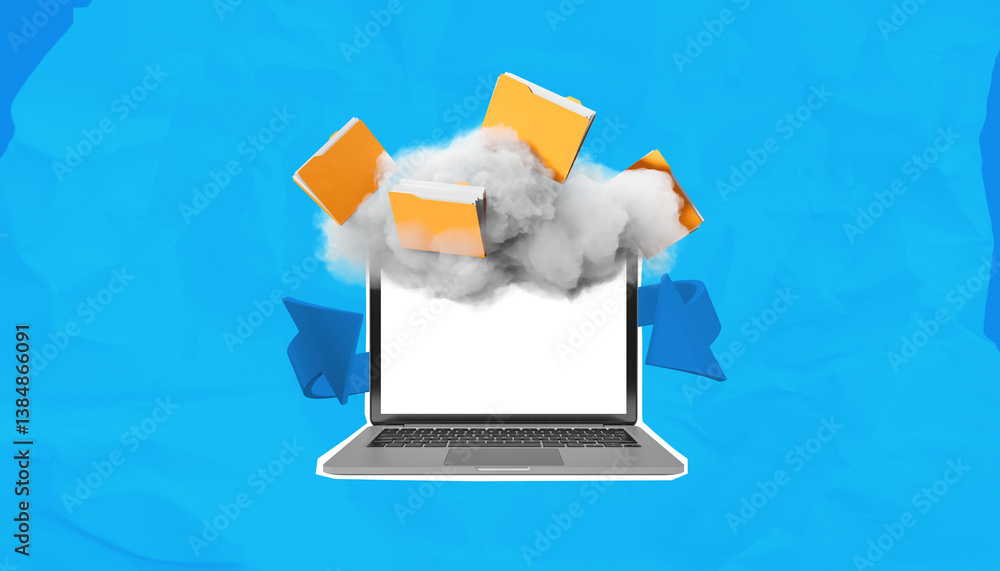 Poster cloud data transfer with folders emerging from laptop on blue background symbolizing digital storage