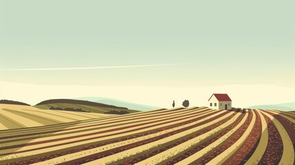 Fototapeta premium Serene Farmhouse in Rolling Hills: A Pastoral Landscape
