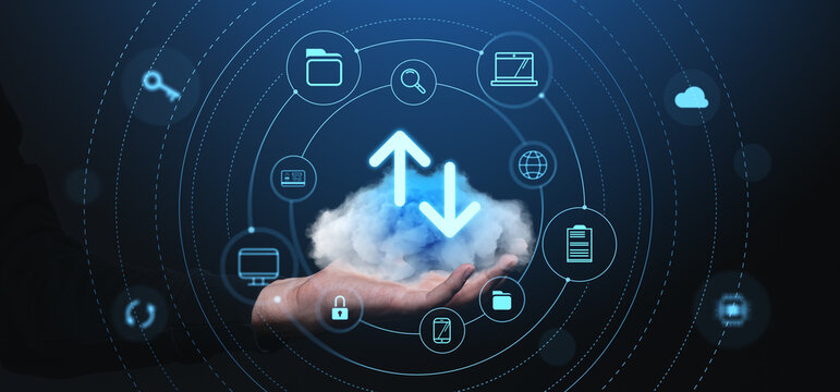 Cloud data storage and network access concept with digital icons on dark background.