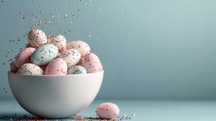 A charming bowl filled with an array of Easter eggs gleaming with colorful sprinkles, a delightful representation of springtime joy and festive occasions.
