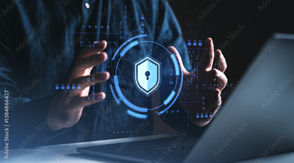 Poster digital padlock icon representing cybersecurity and data protection concept.