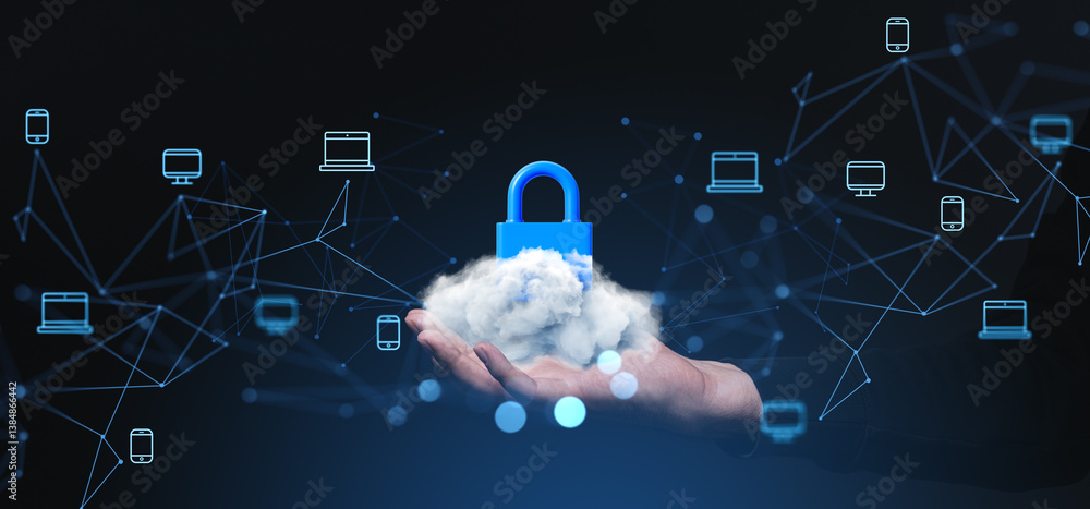 Poster cloud security concept with padlock floating above hand and digital network icons.