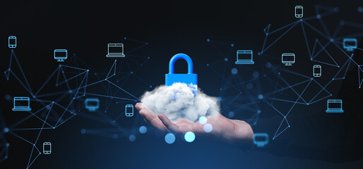 Cloud security concept with padlock floating above hand and digital network icons.