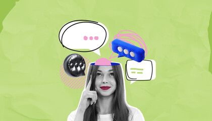 Woman thinking with speech bubbles above head on green backgroun