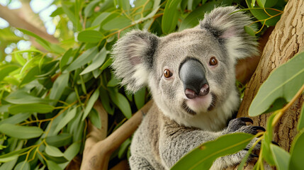 Obraz premium Adorable Koala Peeking Through Leaves – Nature and Wildlife Image