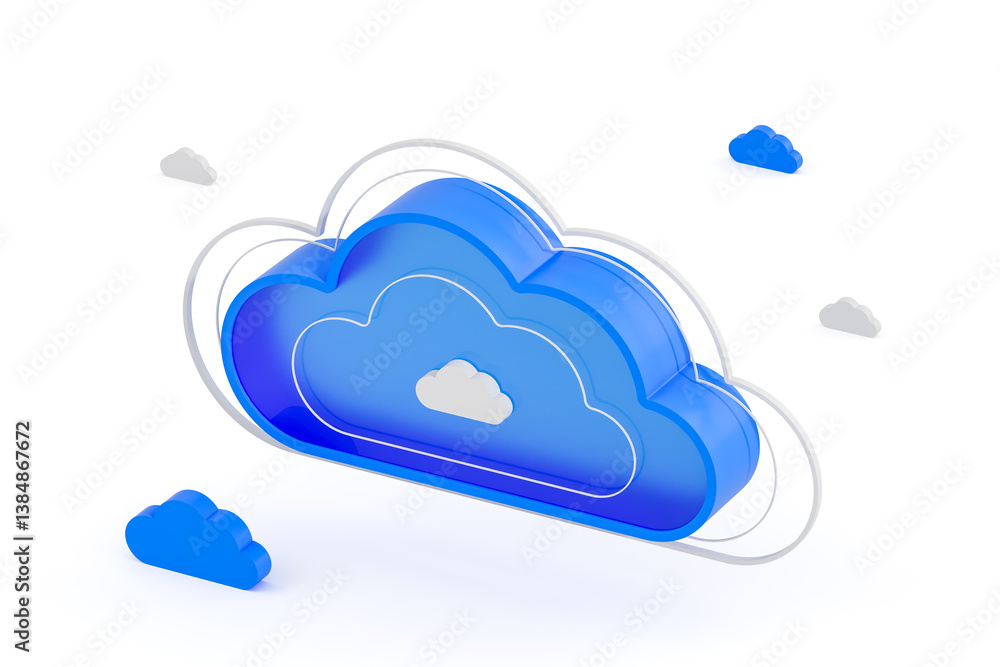 Poster cloud computing concept with blue cloud-shaped structure and abstract elements. 3d rendering