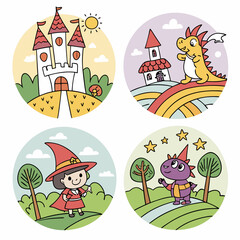 Cute Colorful Round Cartoon Fairy Tale Vector Illustrations Castle Dragon Witch Rainbow Stars Kids Clip Art