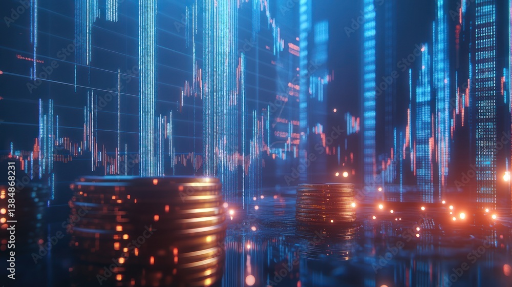 Poster abstract financial data cityscape with stacks of coins. possible stock photo use illustrating financ