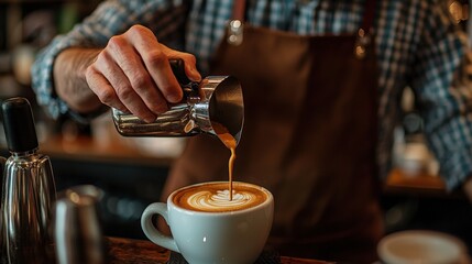 a barista pouring coffee into a cup. 