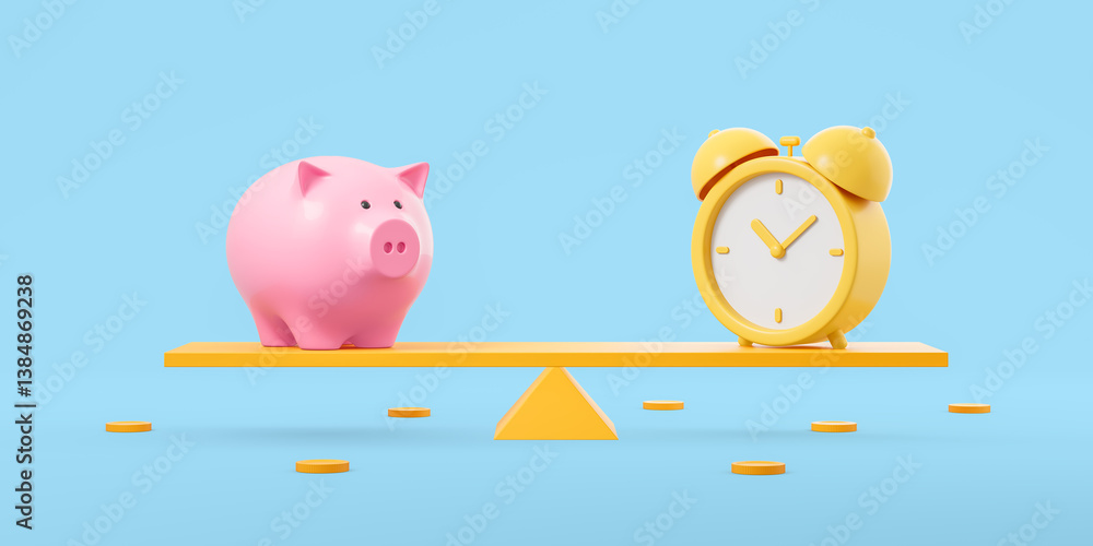 Poster piggy bank and alarm clock balancing on a seesaw with scattered coins. 3d rendering