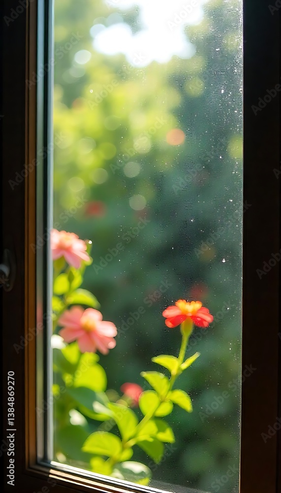 Poster generative ai window view of flowers with bokeh in the background