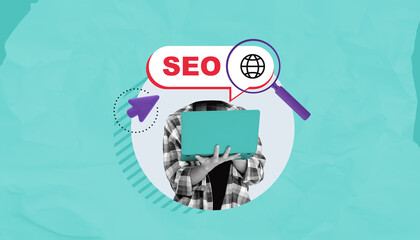 SEO concept with person using laptop on abstract background.